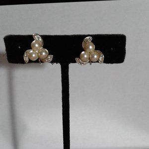 Vintage  EVCO Faux Pearl Rhinestone  Silver Tone Earrings